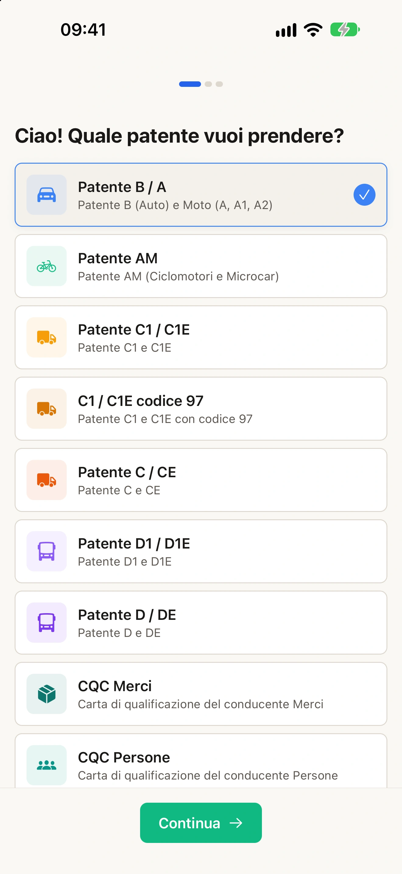Onboarding dell’app: Ciao! Quale patente vuoi prendere?